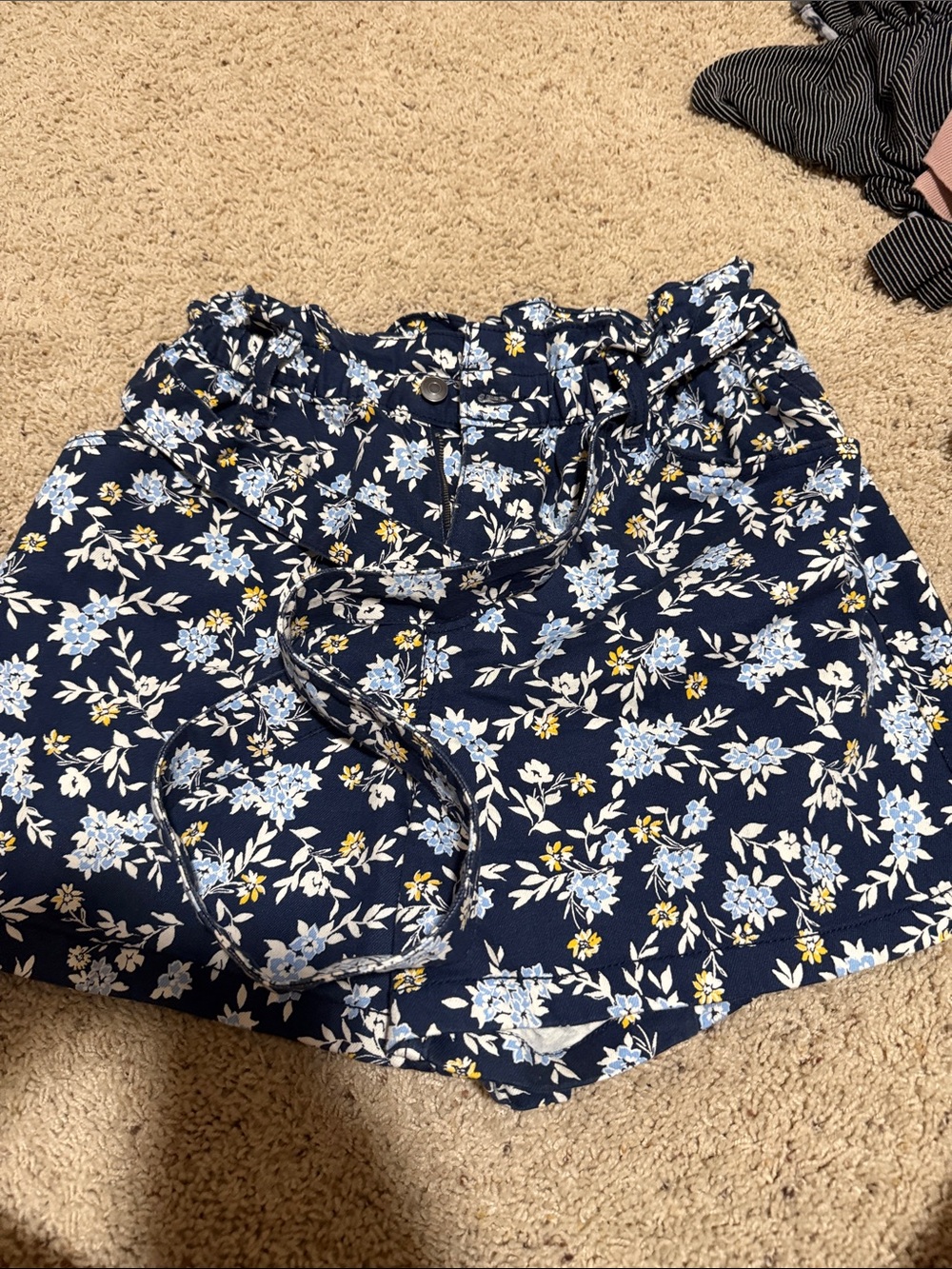 Time Tru Floral Paperbag Waist Women's Shorts - Denim Navy Blue